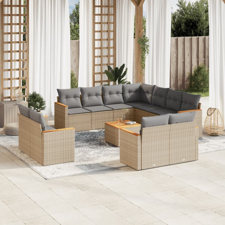 vidaXL 12-delige Loungeset met kussens poly rattan beige afbeelding 1