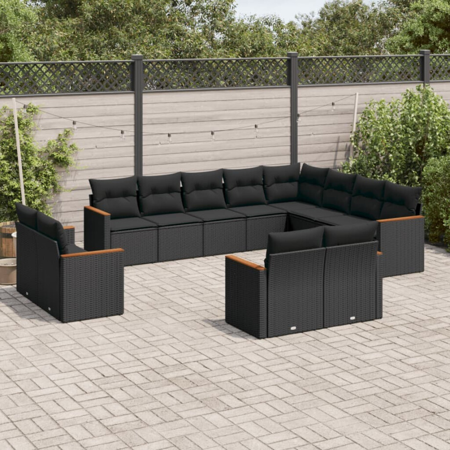 vidaXL 12-delige Loungeset met kussens poly rattan zwart afbeelding 1