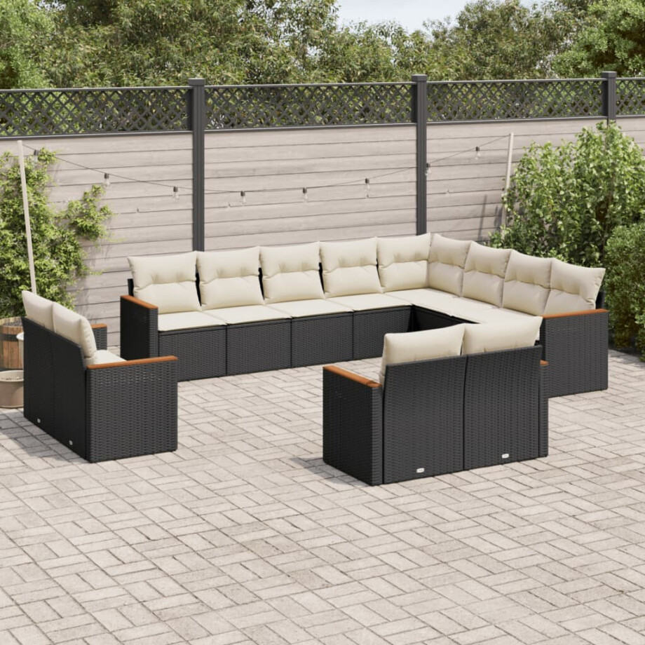 vidaXL 12-delige Loungeset met kussens poly rattan zwart afbeelding 1
