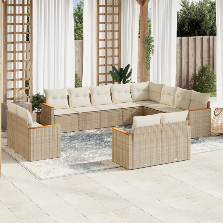 vidaXL 12-delige Loungeset met kussens poly rattan beige afbeelding 1