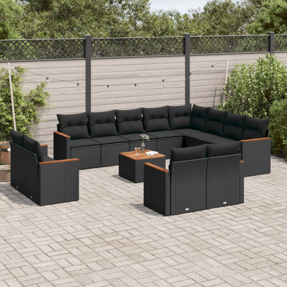 vidaXL 13-delige Loungeset met kussens poly rattan zwart afbeelding 1