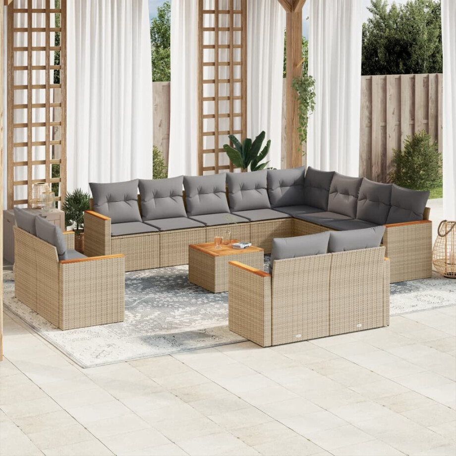 vidaXL 13-delige Loungeset met kussens poly rattan beige afbeelding 1