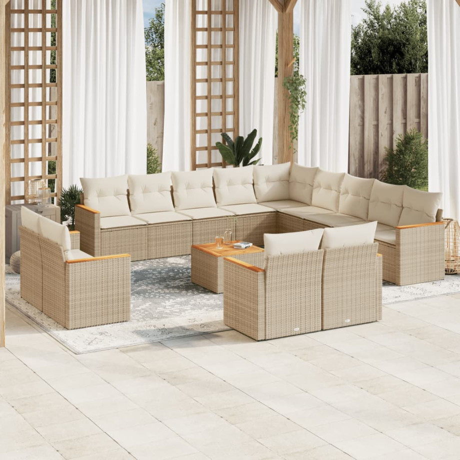 vidaXL 14-delige Loungeset met kussens poly rattan beige afbeelding 1