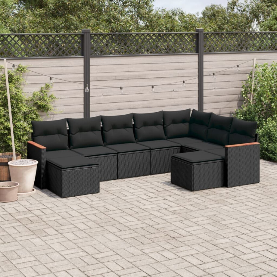 vidaXL 9-delige Loungeset met kussens poly rattan zwart afbeelding 1