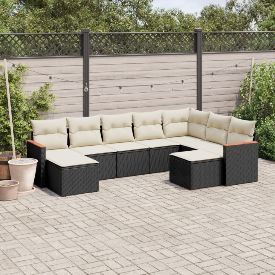 vidaXL 9-delige Loungeset met kussens poly rattan zwart afbeelding 1