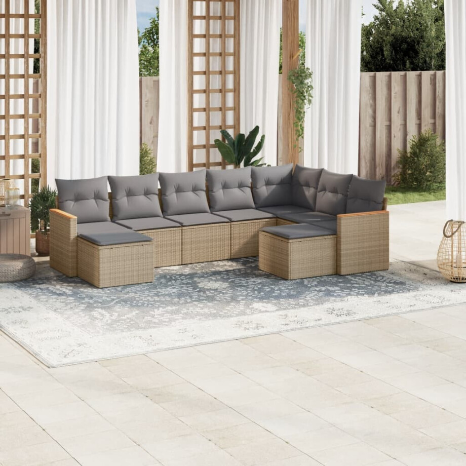 vidaXL 9-delige Loungeset met kussens poly rattan beige afbeelding 1