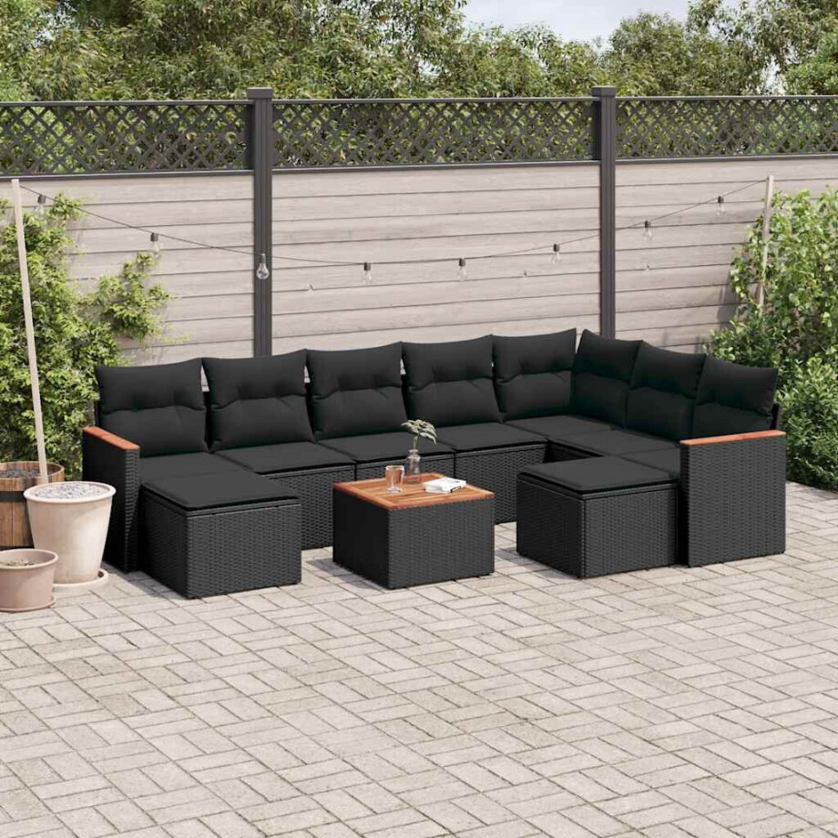 vidaXL 10-delige Loungeset met kussens poly rattan zwart afbeelding 1