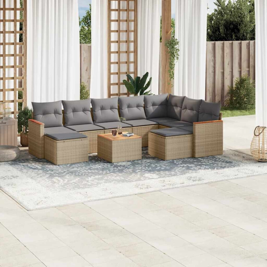 vidaXL 10-delige Loungeset met kussens poly rattan beige afbeelding 1