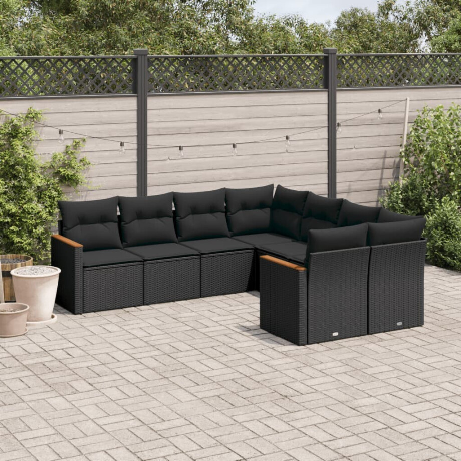 vidaXL 8-delige Loungeset met kussens poly rattan zwart afbeelding 1