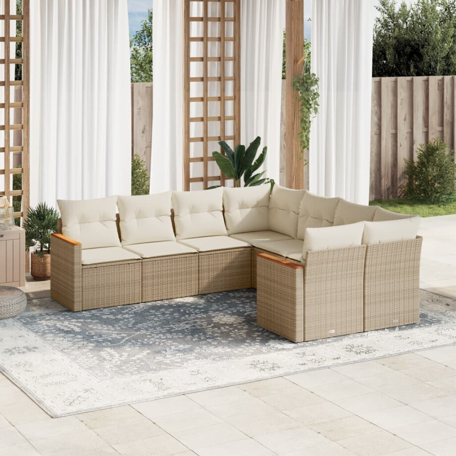 vidaXL 8-delige Loungeset met kussens poly rattan beige afbeelding 1
