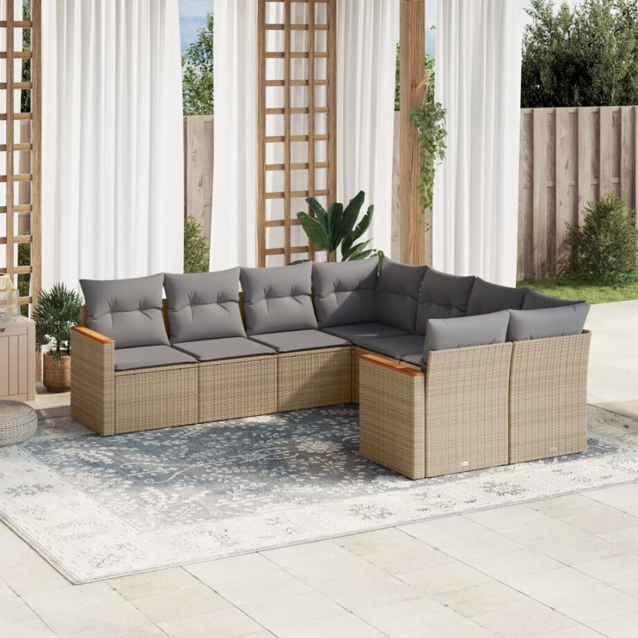 vidaXL 8-delige Loungeset met kussens poly rattan beige afbeelding 1
