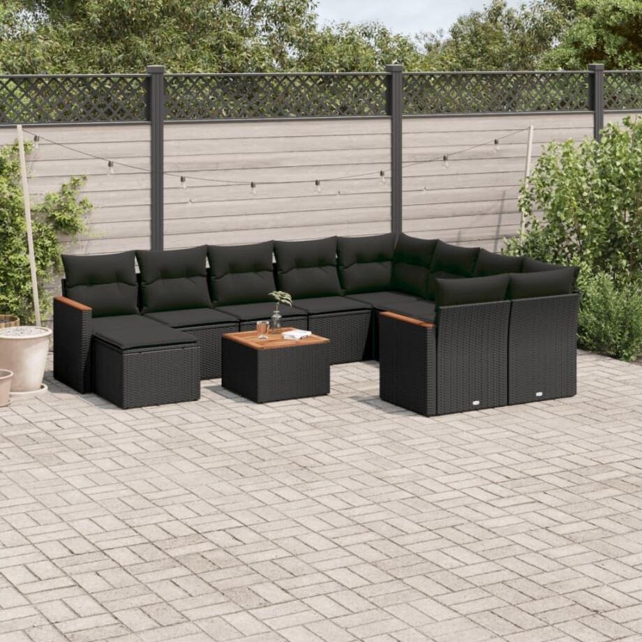 vidaXL 11-delige Loungeset met kussens poly rattan zwart afbeelding 1