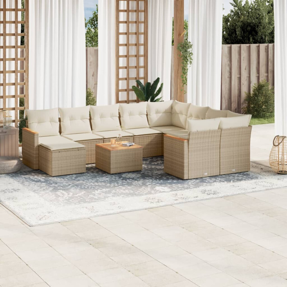 vidaXL 11-delige Tuinset met kussens poly rattan beige afbeelding 1