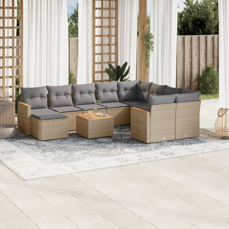 vidaXL 11-delige Tuinset met kussens poly rattan beige afbeelding 1