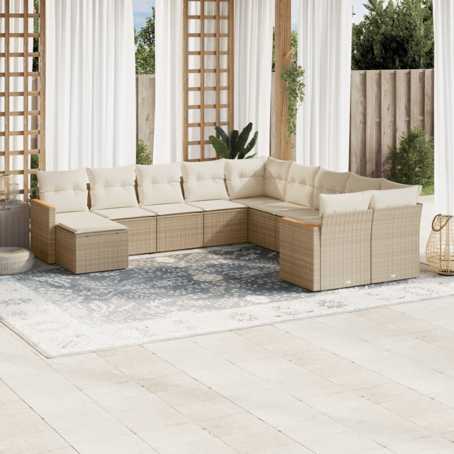 vidaXL 11-delige Tuinset met kussens poly rattan beige afbeelding 1