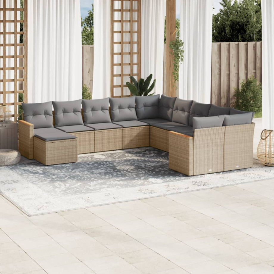 vidaXL 11-delige Tuinset met kussens poly rattan beige afbeelding 1