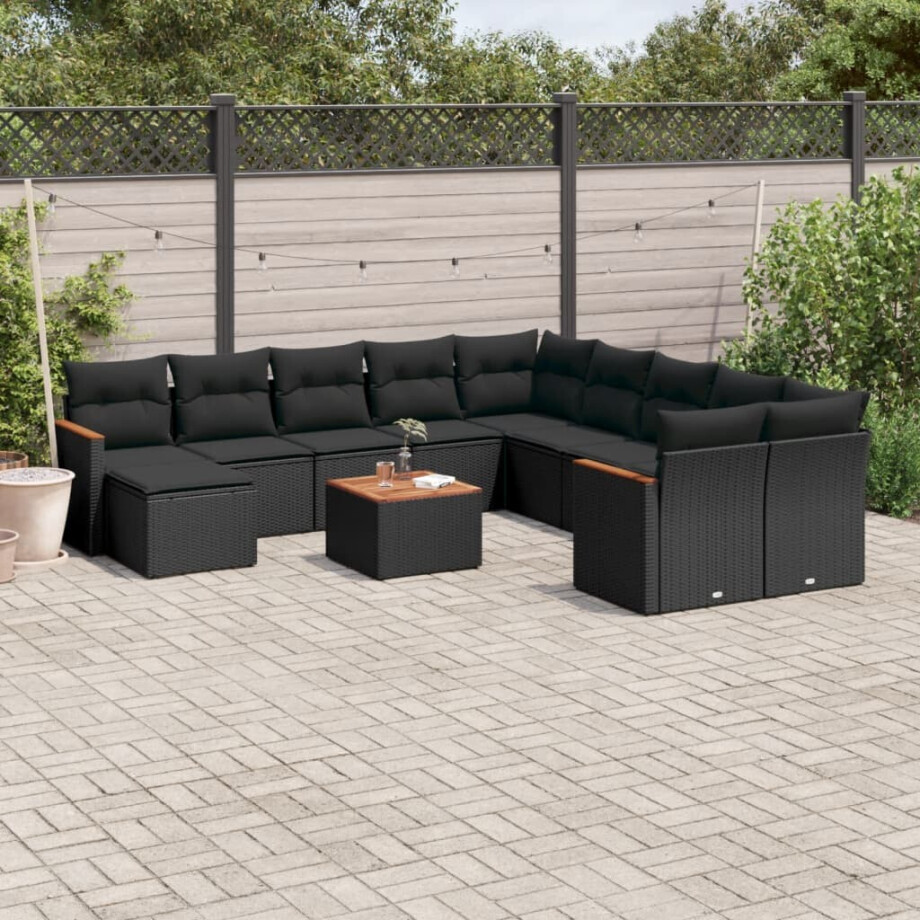 vidaXL 12-delige Loungeset met kussens poly rattan zwart afbeelding 1