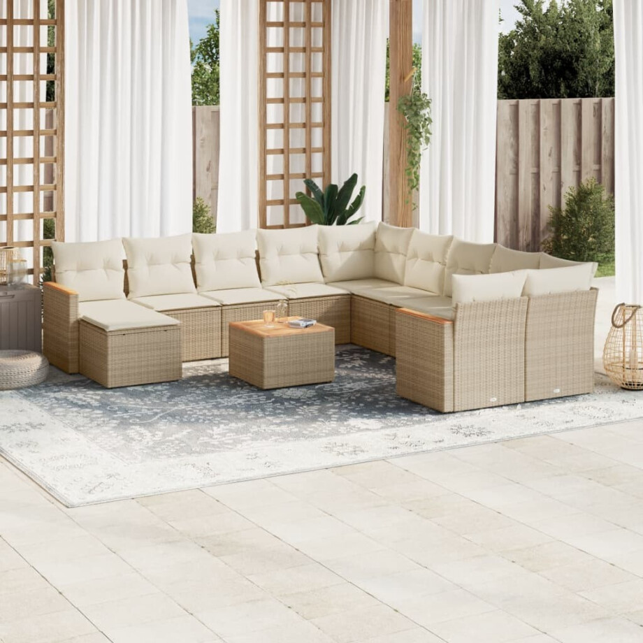 vidaXL 12-delige Loungeset met kussens poly rattan beige afbeelding 1