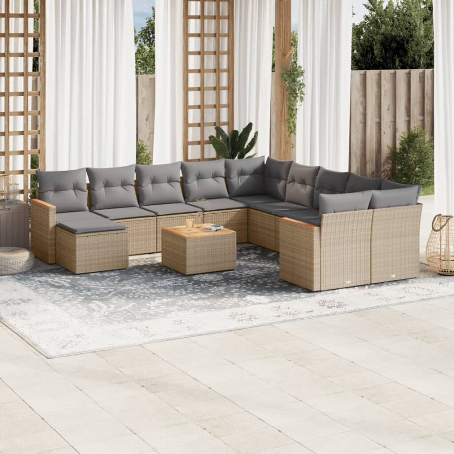 vidaXL 12-delige Loungeset met kussens poly rattan beige afbeelding 1
