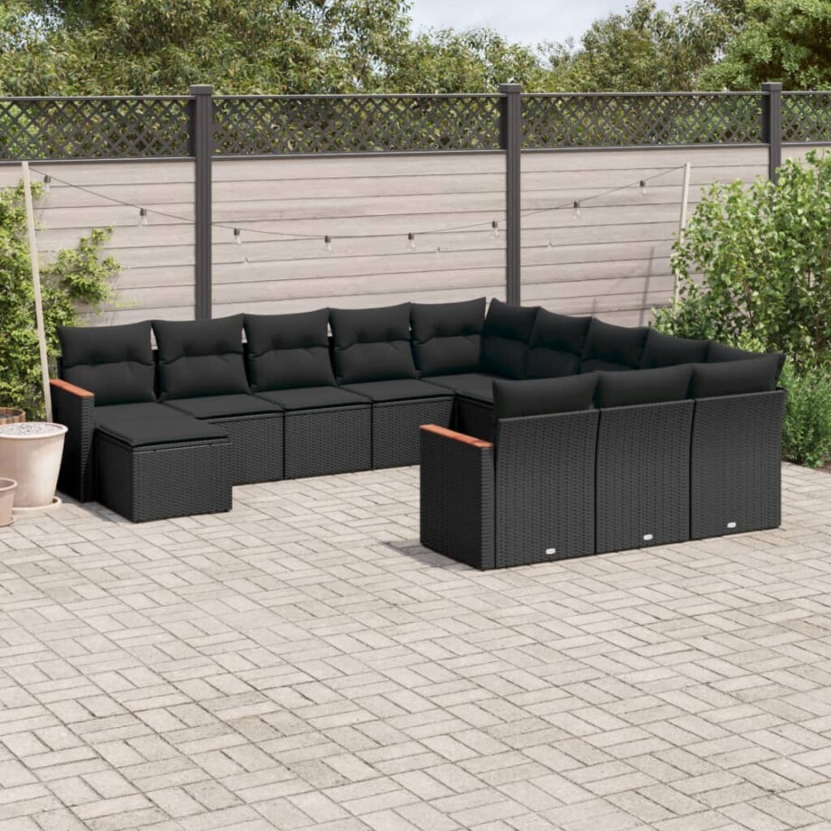 vidaXL 12-delige Loungeset met kussens poly rattan zwart afbeelding 1