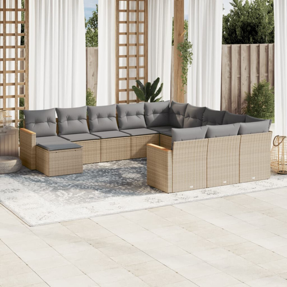 vidaXL 12-delige Loungeset met kussens poly rattan beige afbeelding 1