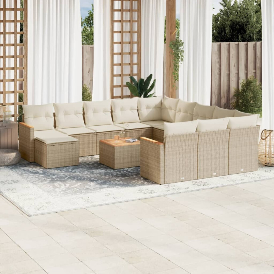 vidaXL 13-delige Loungeset met kussens poly rattan beige afbeelding 1