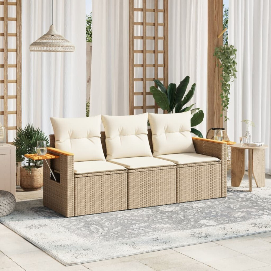 vidaXL 3-delige Loungeset met kussens poly rattan beige afbeelding 1