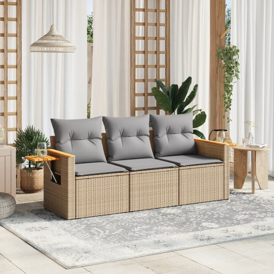 vidaXL 3-delige Loungeset met kussens poly rattan beige afbeelding 1