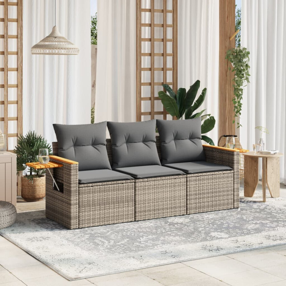 vidaXL 3-delige Loungeset met kussens poly rattan grijs afbeelding 1