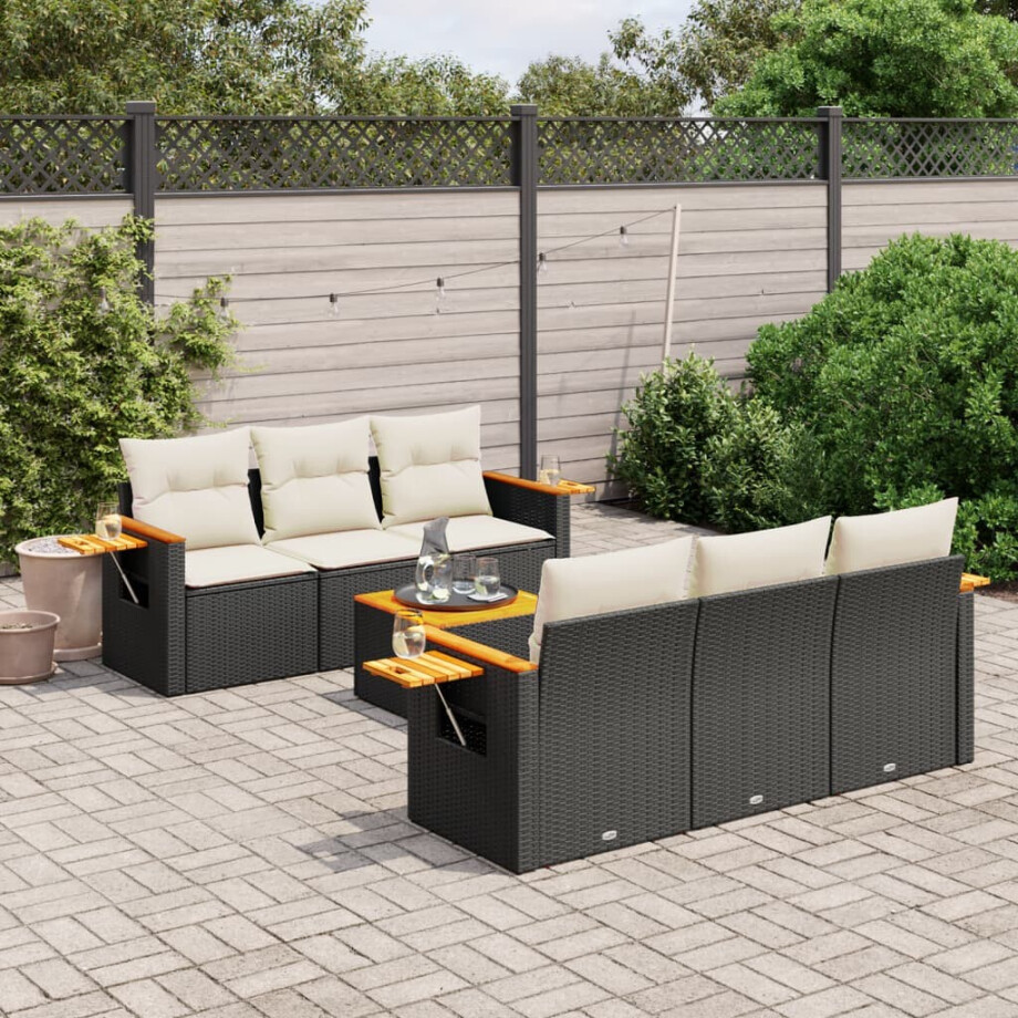 vidaXL 7-delige Loungeset met kussens poly rattan zwart vidaXL 7-delige Loungeset met kussens poly rattan zwart afbeelding 1