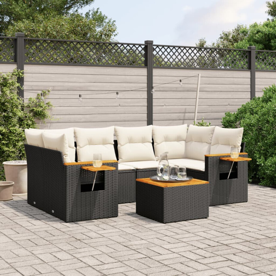 vidaXL 7-delige Loungeset met kussens poly rattan zwart vidaXL 7-delige Loungeset met kussens poly rattan zwart afbeelding 1