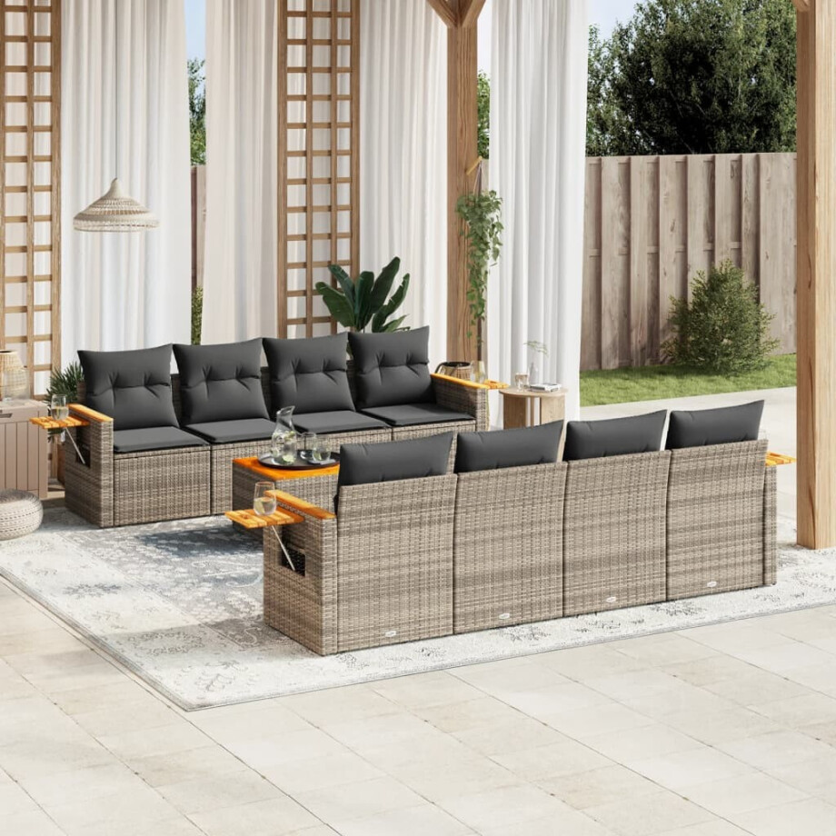 vidaXL 9-delige Loungeset met kussens poly rattan grijs afbeelding 1