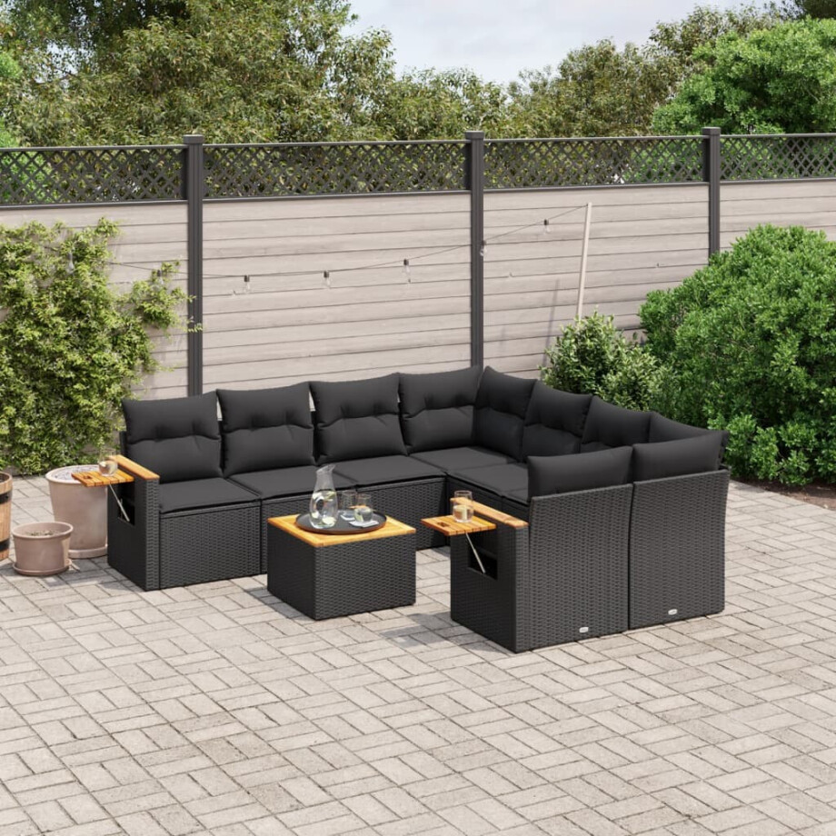vidaXL 9-delige Loungeset met kussens poly rattan zwart vidaXL 9-delige Loungeset met kussens poly rattan zwart afbeelding 1