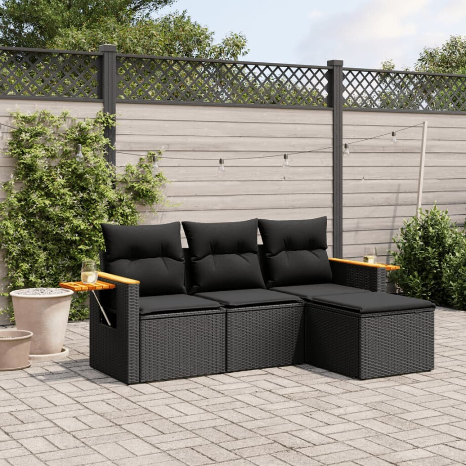 vidaXL 4-delige Loungeset met kussens poly rattan zwart afbeelding 1