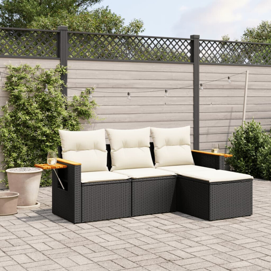 vidaXL 4-delige Loungeset met kussens poly rattan zwart afbeelding 1