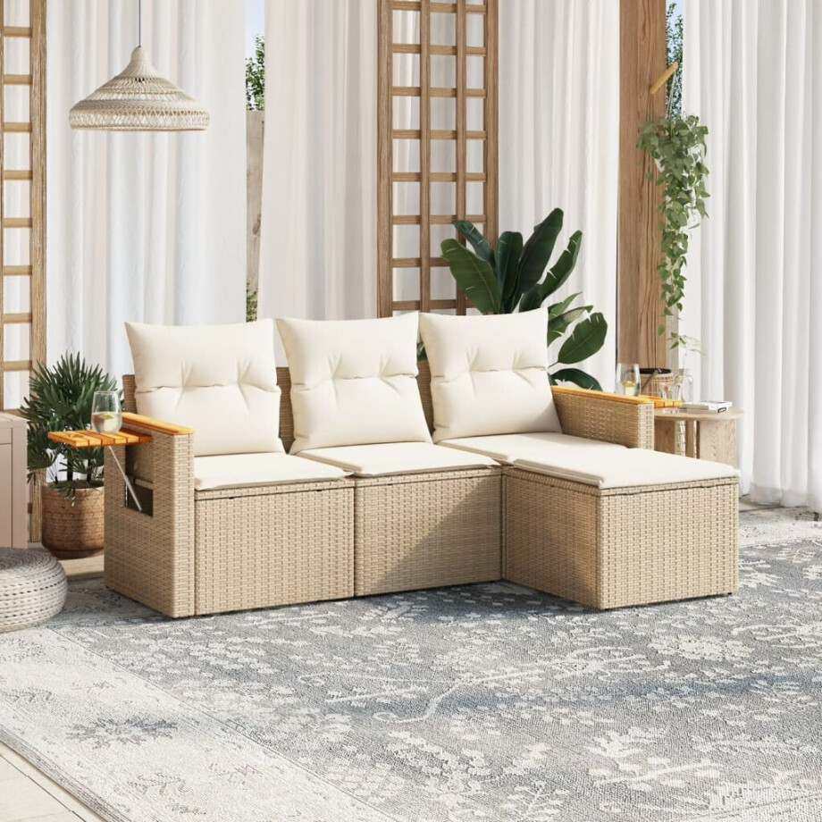 vidaXL 4-delige Loungeset met kussens poly rattan beige afbeelding 1