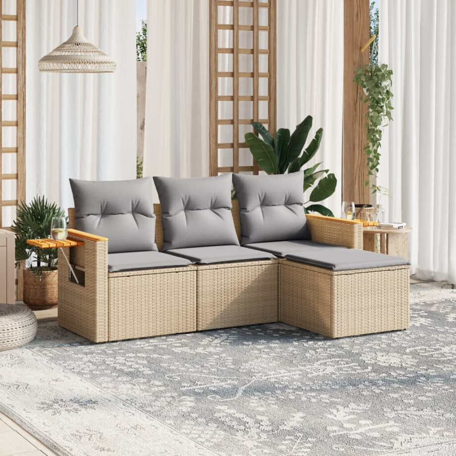 vidaXL 4-delige Loungeset met kussens poly rattan beige afbeelding 1