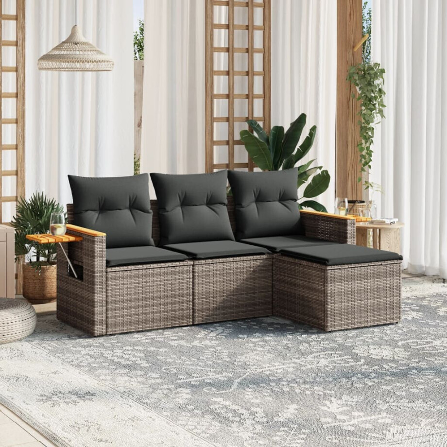 vidaXL 4-delige Loungeset met kussens poly rattan grijs afbeelding 1