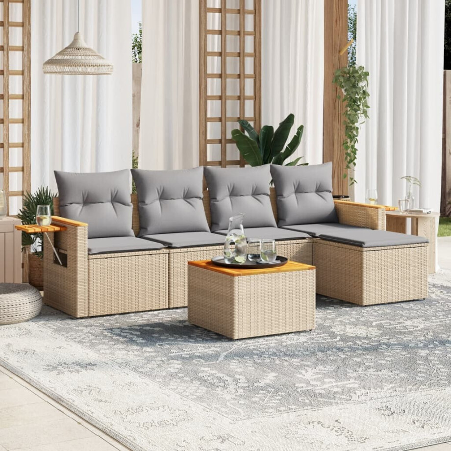 vidaXL 6-delige Loungeset met kussens poly rattan beige afbeelding 1