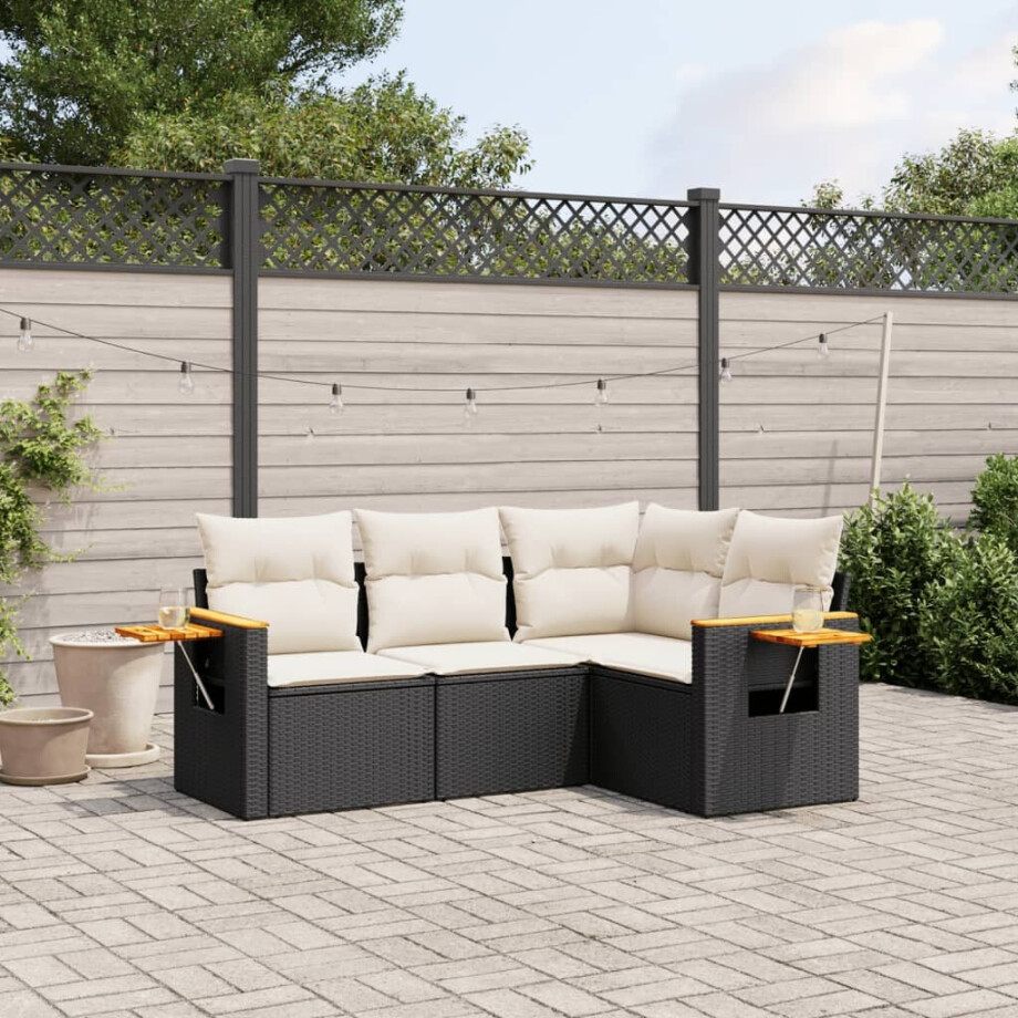 vidaXL 4-delige Loungeset met kussens poly rattan zwart afbeelding 1