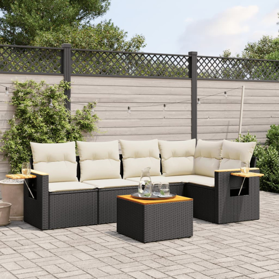 vidaXL 6-delige Loungeset met kussens poly rattan zwart afbeelding 1