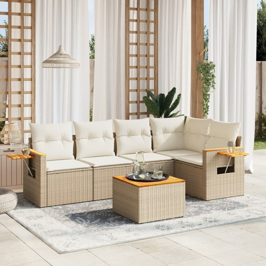 vidaXL 6-delige Loungeset met kussens poly rattan beige afbeelding 1