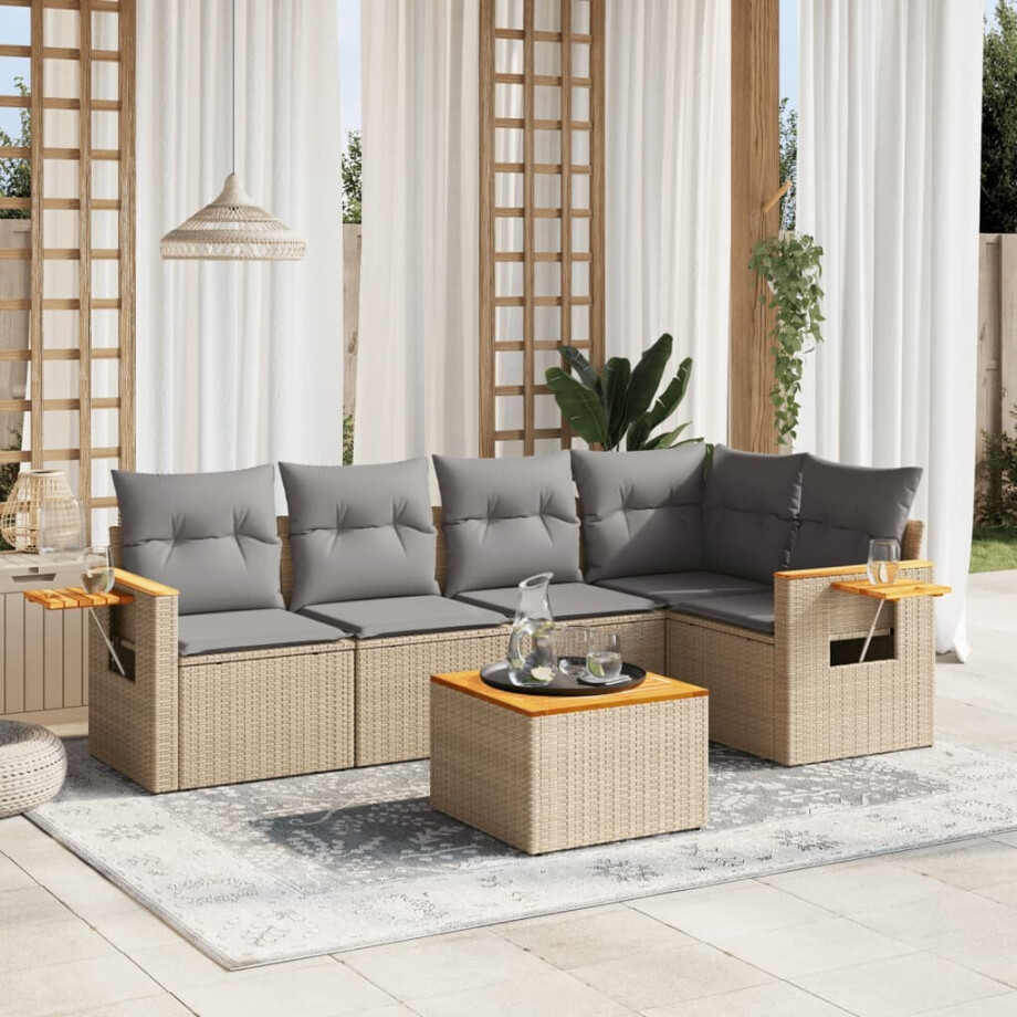 vidaXL 6-delige Loungeset met kussens poly rattan beige vidaXL 6-delige Loungeset met kussens poly rattan beige afbeelding 1