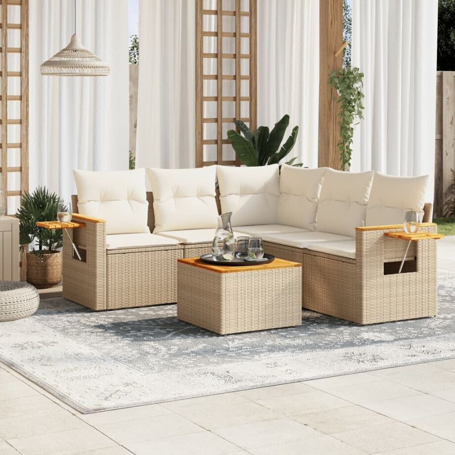 vidaXL 6-delige Loungeset met kussens poly rattan beige afbeelding 1