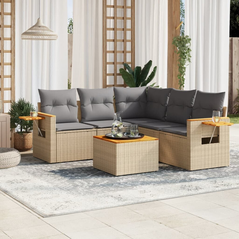 vidaXL 6-delige Loungeset met kussens poly rattan beige afbeelding 1