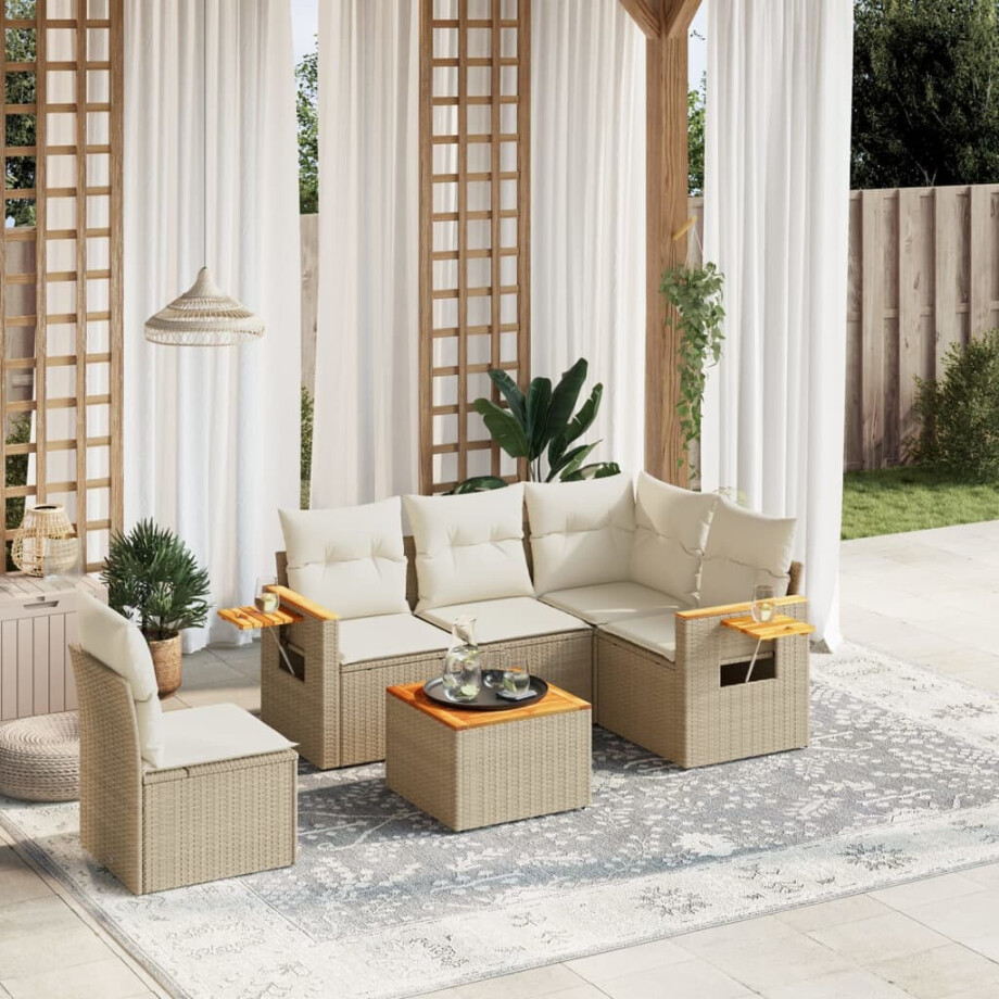 vidaXL 6-delige Loungeset met kussens poly rattan beige afbeelding 1