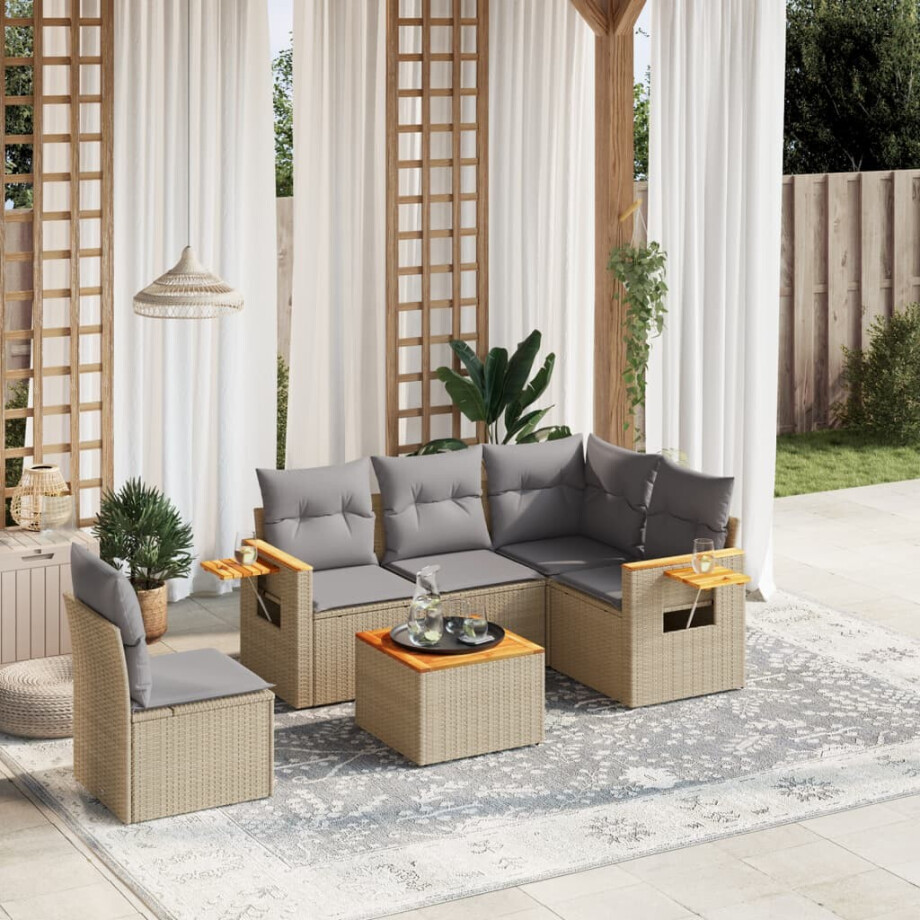 vidaXL 6-delige Loungeset met kussens poly rattan beige afbeelding 1