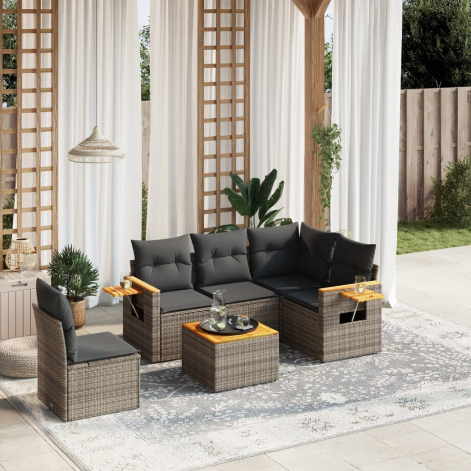 vidaXL 6-delige Loungeset met kussens poly rattan grijs afbeelding 1