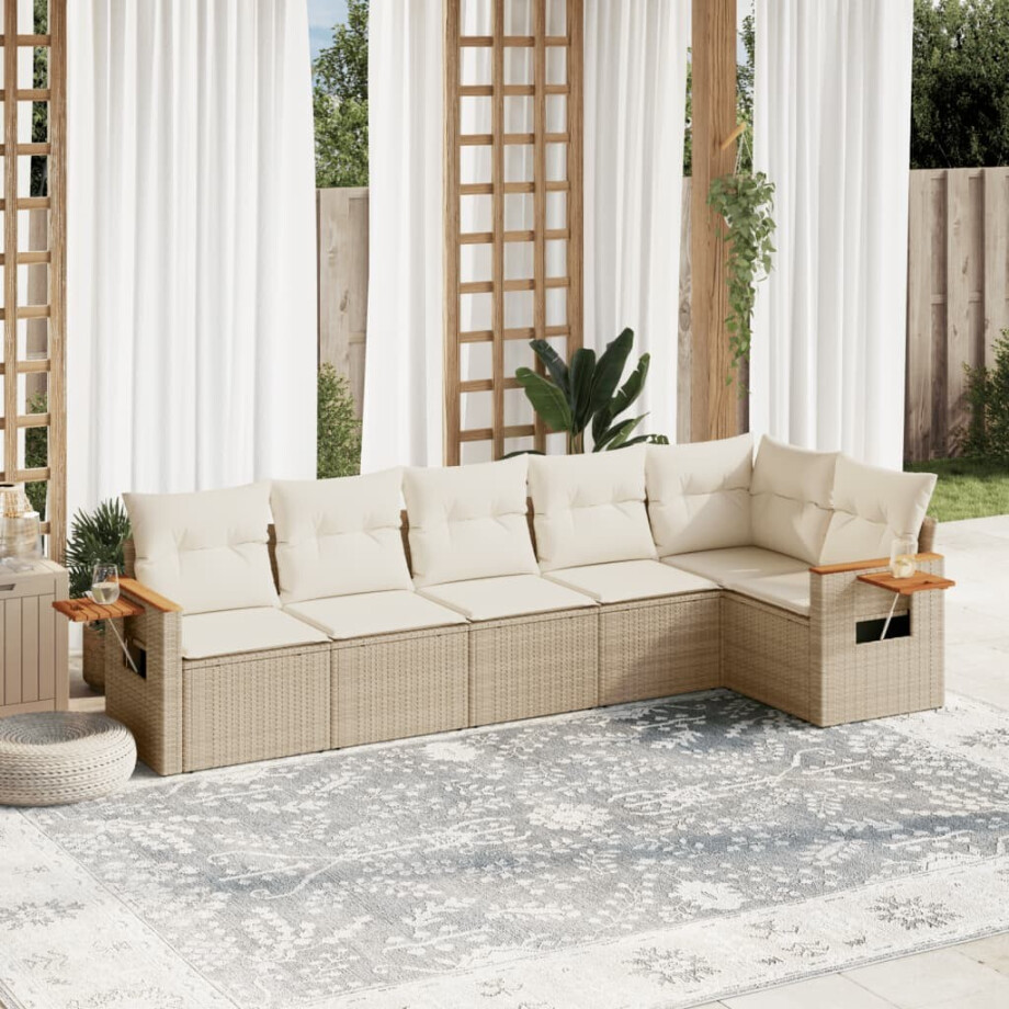 vidaXL 6-delige Loungeset met kussens poly rattan beige afbeelding 1