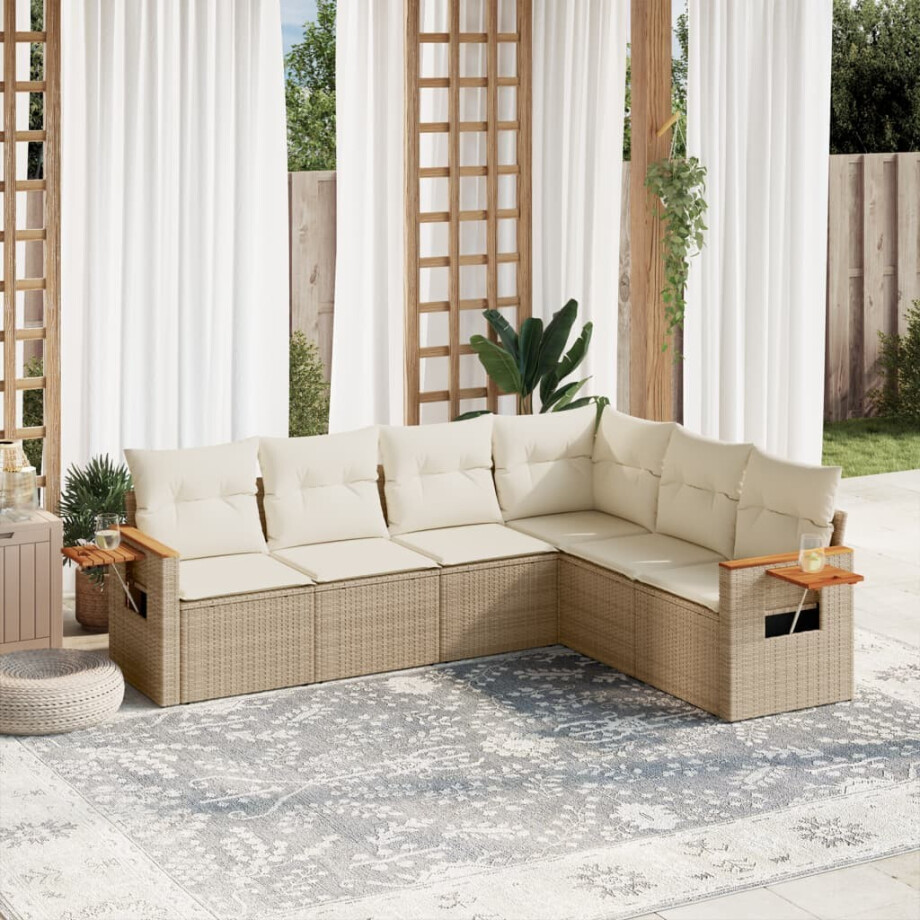 vidaXL 6-delige Loungeset met kussens poly rattan beige afbeelding 1